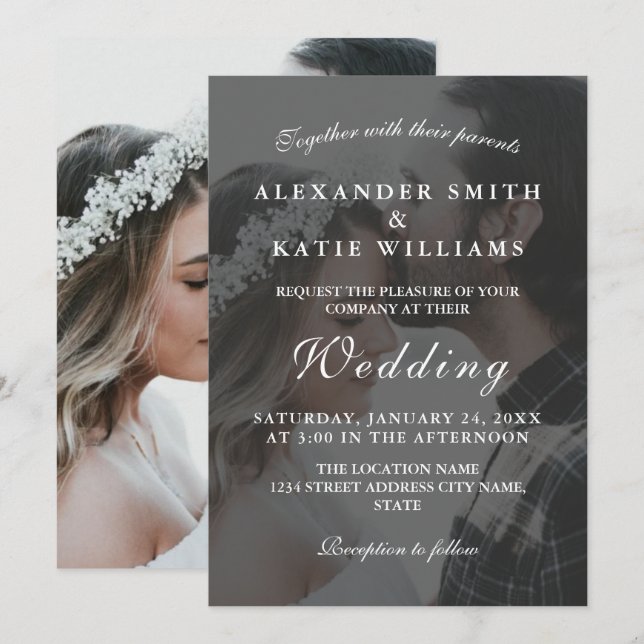 Inbjudan till elegant Black & White Photo Wedding (Fram/baksida)
