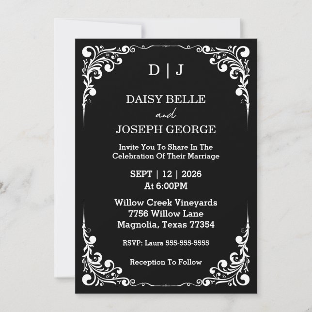 Inbjudan till elegant Black & White Wedding (Framsida)