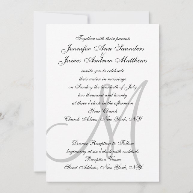 Inbjudan till elegant Black White Wedding Initial (Baksida)