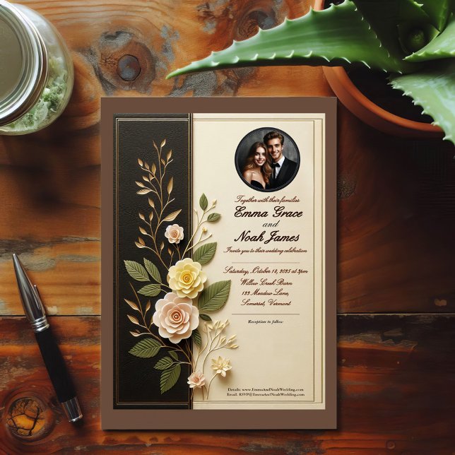 Inbjudan till elegant Blommigt Black and Cream Wed (Skapare uppladdad)