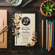 Inbjudan till elegant Blommigt Black and Cream Wed