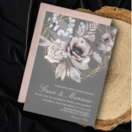 Inbjudan till elegant Blommigt Grått Rosa-bröllop