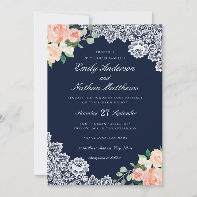 Inbjudan till elegant Blommigt Snöre Peach Wedding (Framsida)