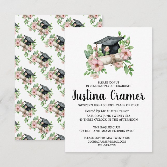 Inbjudan till elegant Blommigt Studenten (Fram/baksida)