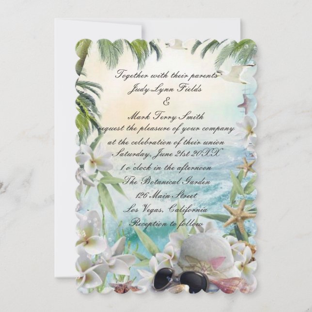 Inbjudan till elegant Blommigt Tropical Beach Wedd (Framsida)