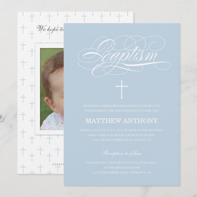 Inbjudan till elegant Blue Baptism | Christening (Fram/baksida)