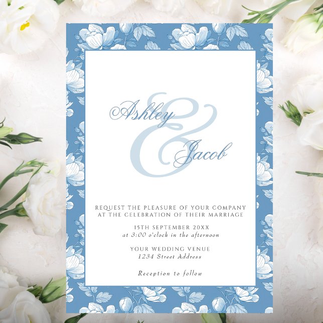 Inbjudan till elegant Blue Blommigt Ampersand Wedd (Skapare uppladdad)
