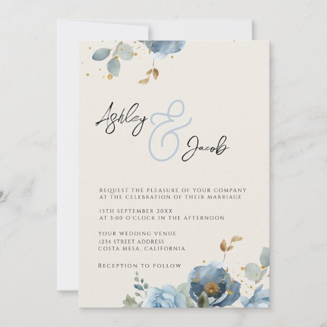 Inbjudan till elegant Blue Blommigt Ampersand Wedd (Framsida)