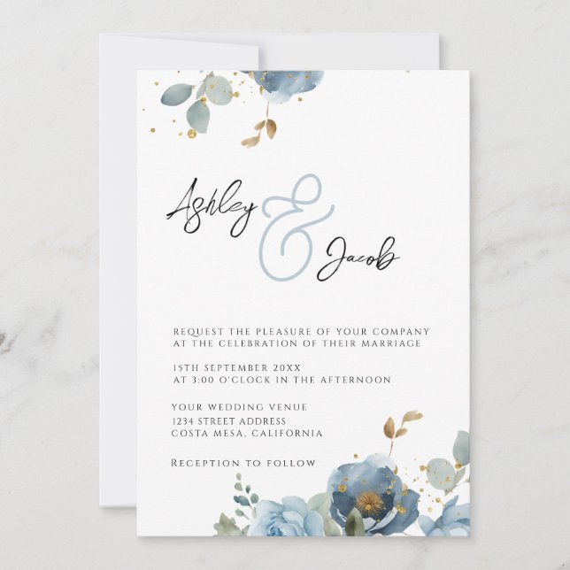 Inbjudan till elegant Blue Blommigt Ampersand Wedd (Framsida)