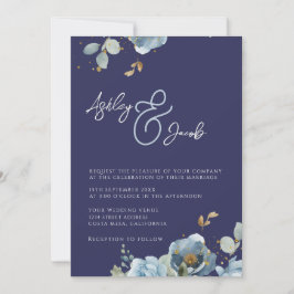 Inbjudan till elegant Blue Blommigt Ampersand Wedd