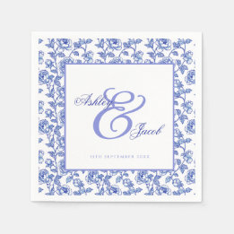 Inbjudan till elegant Blue Blommigt Ampersand Wedd Pappersservett