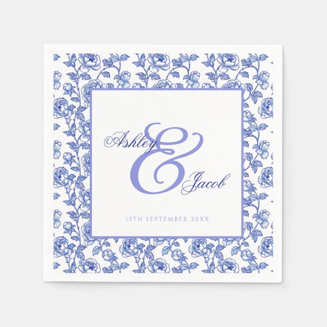 Inbjudan till elegant Blue Blommigt Ampersand Wedd Pappersservett (Framsidan)