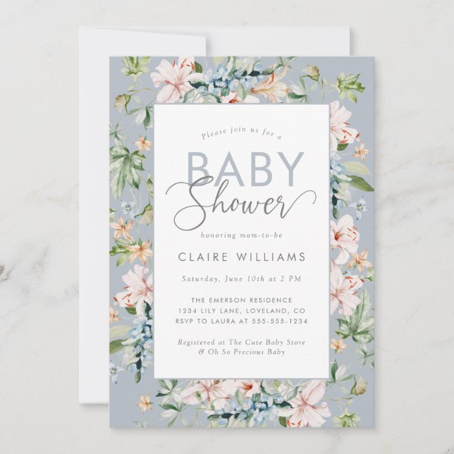 Inbjudan till elegant Blue Blommigt Baby Shower (Framsida)