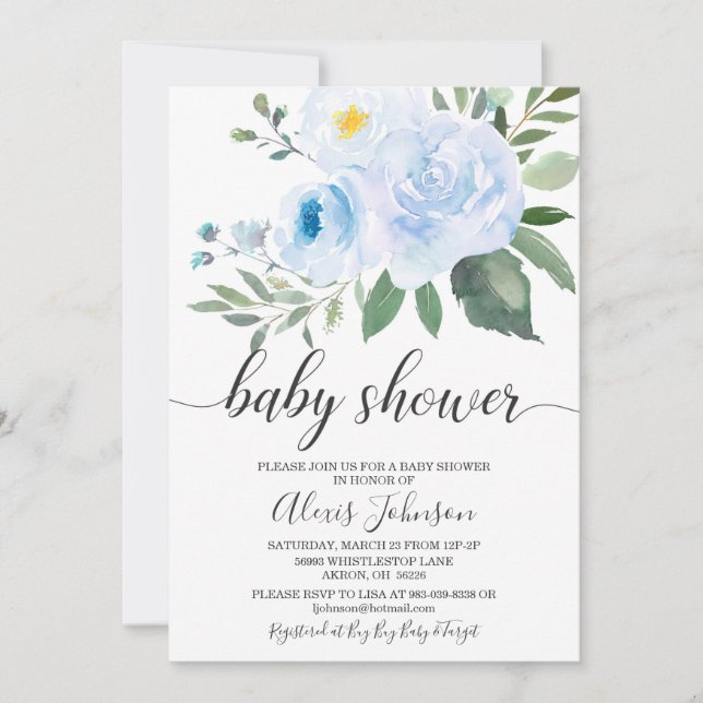 Inbjudan till elegant Blue Blommigt Baby Shower (Framsida)