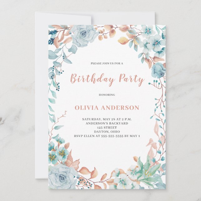 Inbjudan till elegant Blue Blommigt Birthday (Framsida)