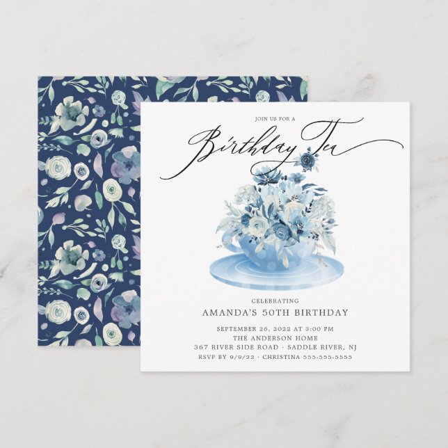 Inbjudan till elegant Blue Blommigt Birthday Tea (Fram/baksida)
