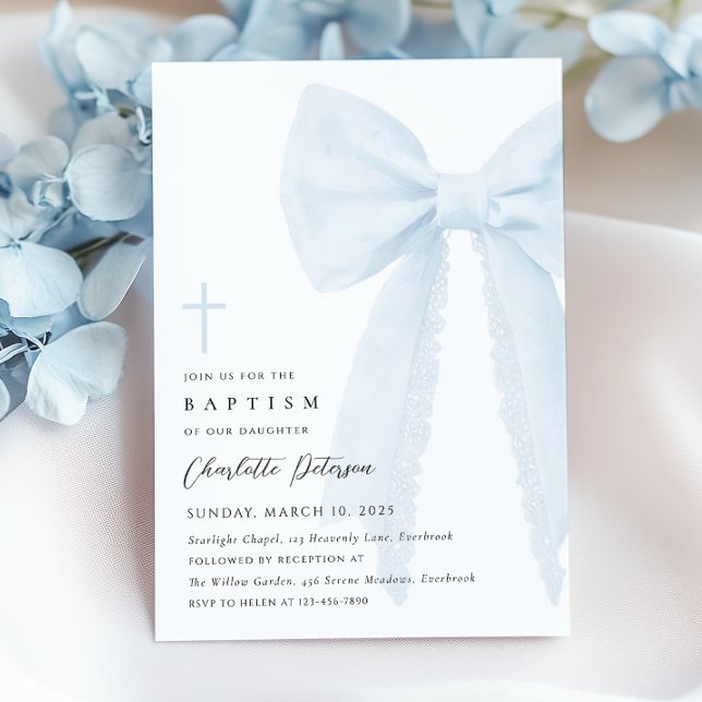 Inbjudan till elegant Blue Bow Baptism (Skapare uppladdad)