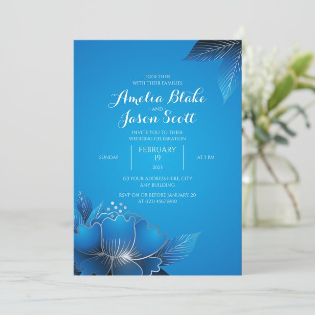 Inbjudan till elegant Blue Flower Wedding (Stående Fram)
