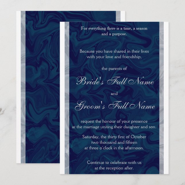 Inbjudan till elegant Blue & Grått Marble Wedding (Fram/baksida)