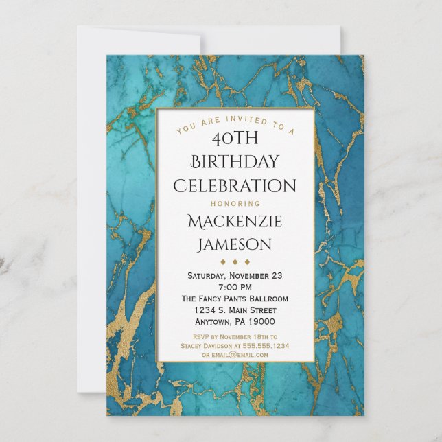 Inbjudan till elegant Blue Guld Marble Birthday Bi (Framsida)