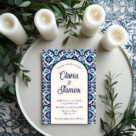 Inbjudan till elegant Blue Mediterranean Tile Wedd