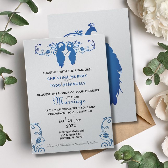 Inbjudan till elegant Blue Peakcock Wedding 5"x7" (Skapare uppladdad)