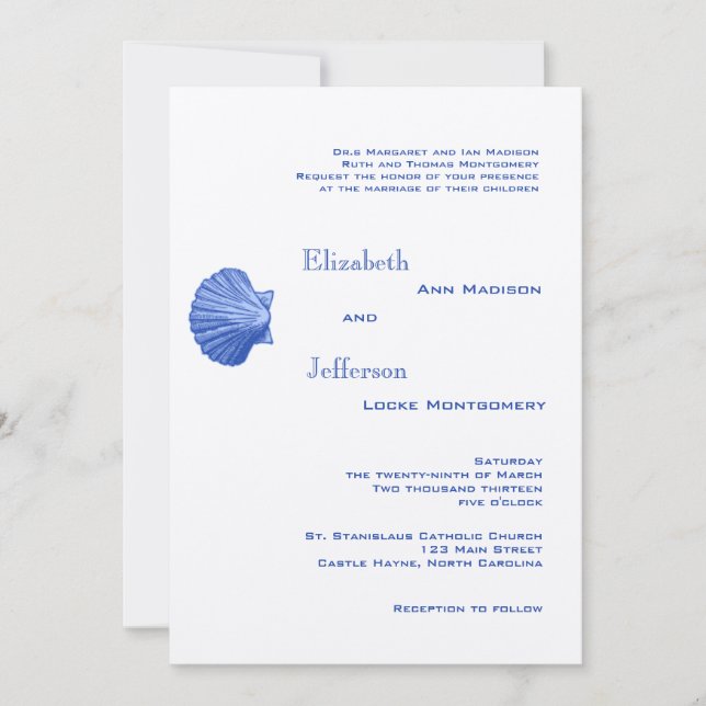 Inbjudan till elegant Blue Rattan Seashell Wedding (Framsida)