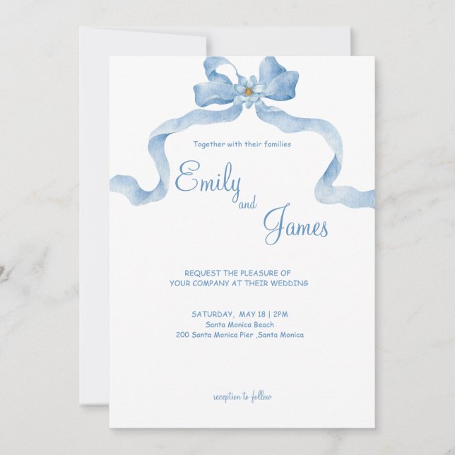 Inbjudan till elegant Blue Ribbon Wedding (Framsida)