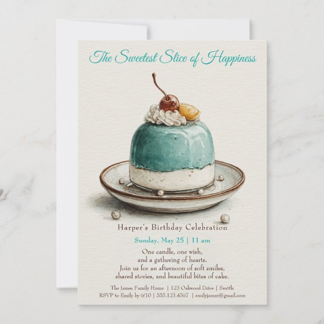 Inbjudan till elegant Blue Watercolor Cake Birthda (Framsida)