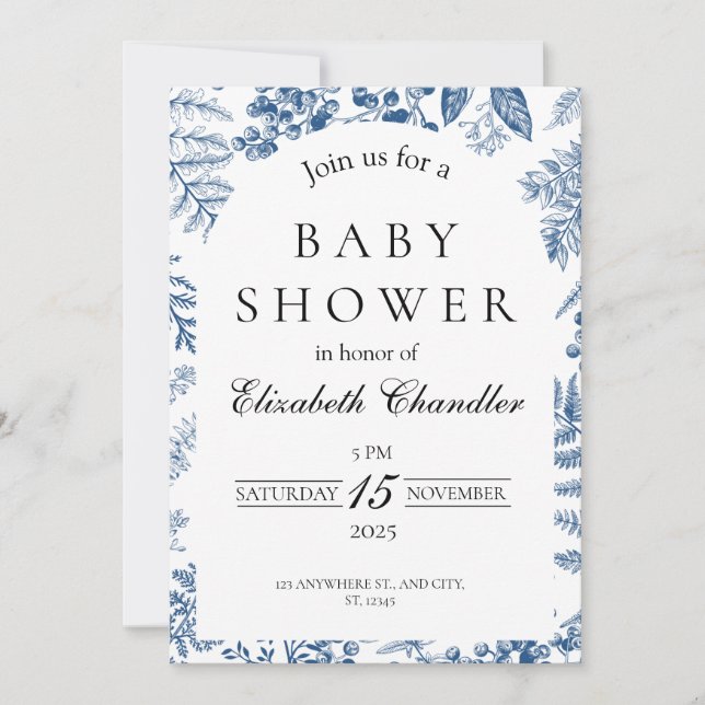 Inbjudan till elegant Blue & White Baby Shower (Framsida)
