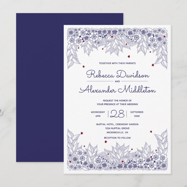 Inbjudan till elegant Blue White Wedding (Fram/baksida)