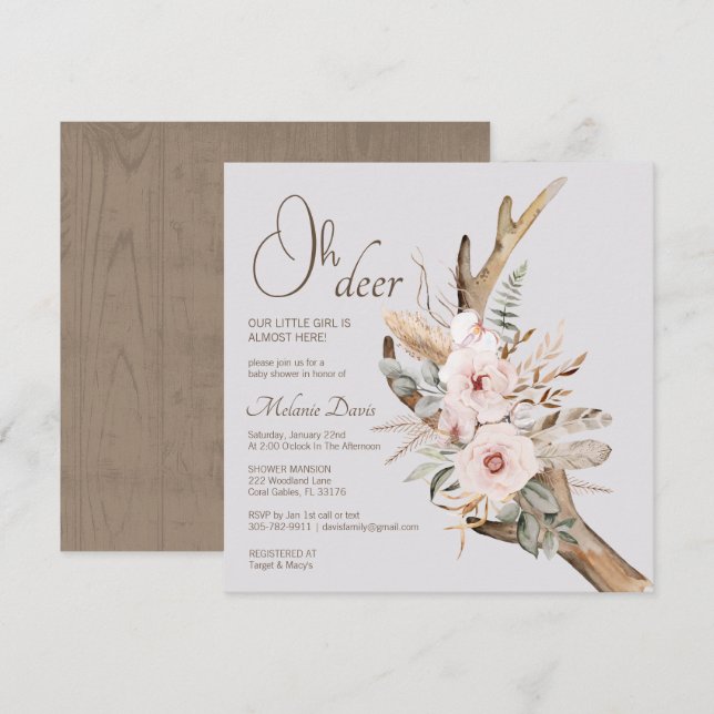 Inbjudan till elegant Boho Woodland Baby Shower -  (Fram/baksida)