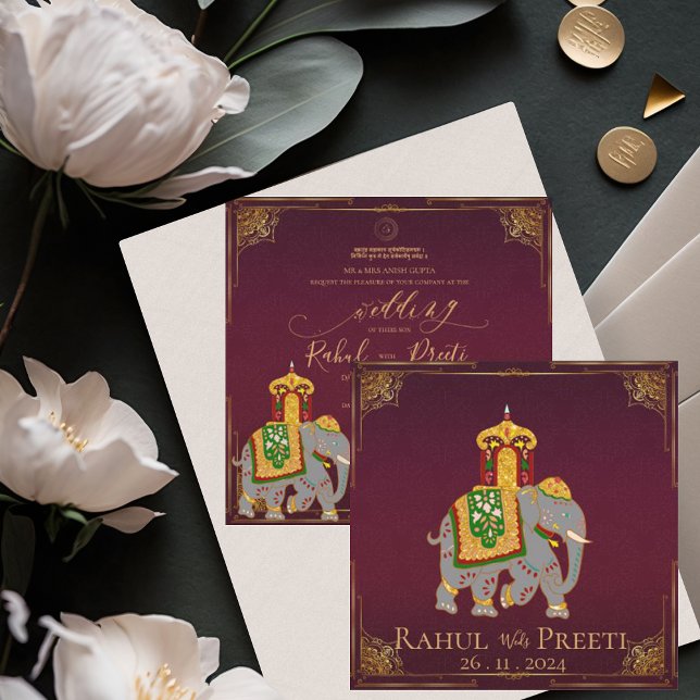 Inbjudan till Elegant Bright Red Guld indisk bröll (Elegant Bright Red Gold Indian Wedding Invitation)