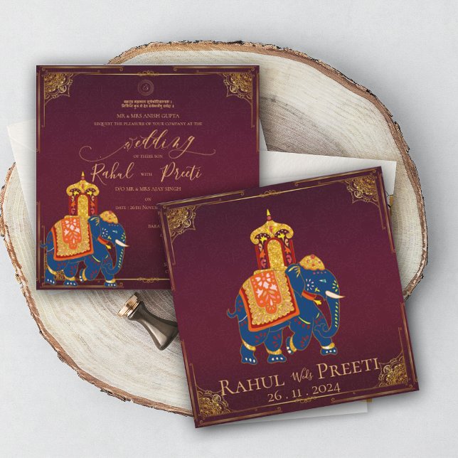 Inbjudan till Elegant Bright Red Guld indisk bröll (Elegant Bright Red Gold Indian Wedding Invitation)