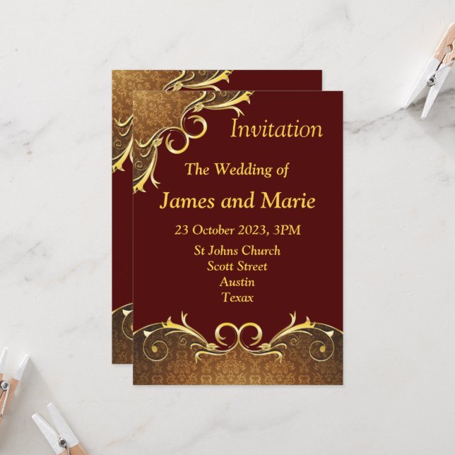 Inbjudan till elegant bröllop, bergundy/guld-rulla (Fram/Back In Situ)