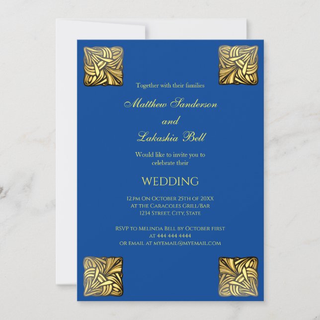 Inbjudan till Elegant bröllop Blue guld (Framsida)