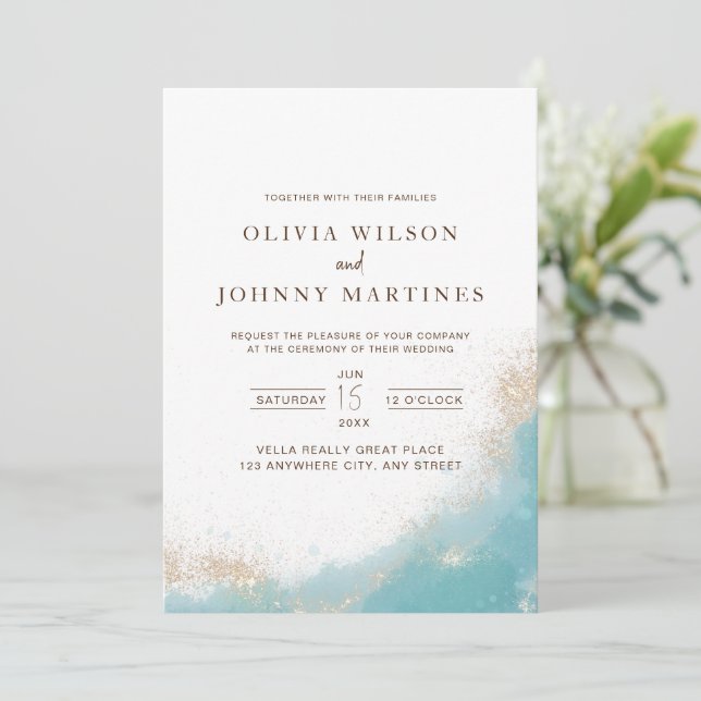 Inbjudan till Elegant bröllop Blue och Guld Bröllo (Stående Fram)