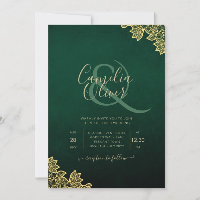 Inbjudan till elegant bröllop Emerald Grönt Guld S (Framsida)