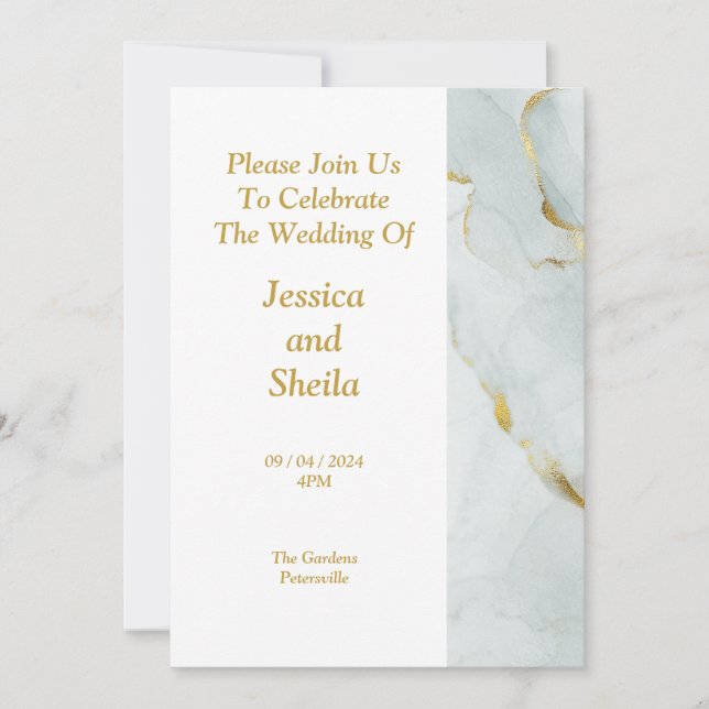 Inbjudan till elegant bröllop, grönt, guld, marmor (Framsida)