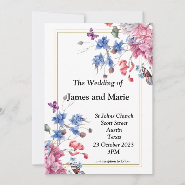 Inbjudan till elegant bröllop, rosa, blåa blommor (Framsida)