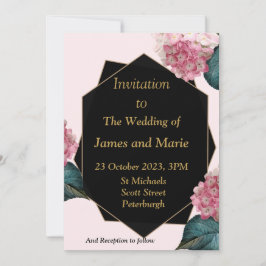 Inbjudan till elegant bröllop, rosa blommor, svart