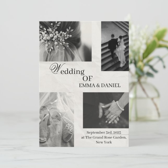 Inbjudan till elegant bröllop - svartvitt (Stående Fram)