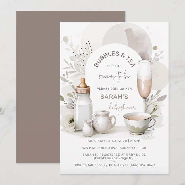 Inbjudan till elegant Bubbles & Tea Baby Shower (Fram/baksida)