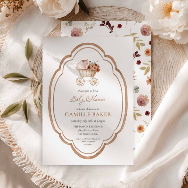 Inbjudan till elegant Burgundy Baby Shower-Blommig (Elegant Fall Autumn Botanical Baby Shower Invitation)