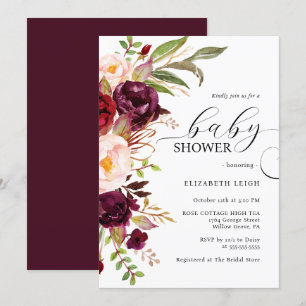 Inbjudan till elegant Burgundy Blommigt Baby Showe
