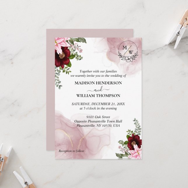 Inbjudan till elegant Burgundy Flower Wedding (Fram/Back In Situ)