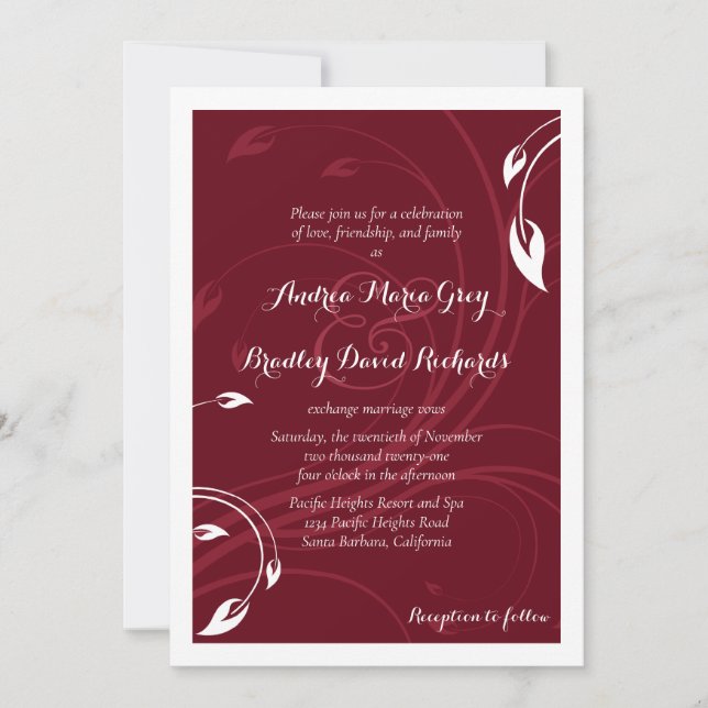 Inbjudan till elegant Burgundy White Wedding (Framsida)