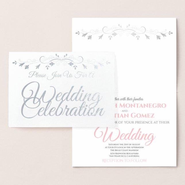 Inbjudan till elegant Chic Silver & Rosa Foil Wedd Folierat Kort (Display)