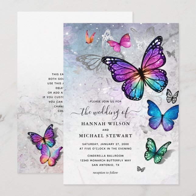 Inbjudan till elegant Colorful Butterfly Wedding (Fram/baksida)