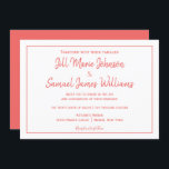 Inbjudan till elegant Coral and White Elegance<br><div class="desc">En underbar bröllopsinbjudan med den här designen har korallteckensnitt på en vit bakgrund framtill. Baksidan har koral färg. Använda mallarna som du vill infoga information om. Beställ dina bröllopsinbjudningar idag!</div>